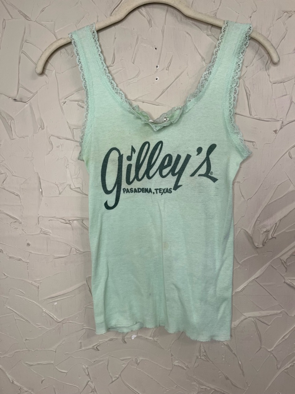 Vintage Gilley’s Pasadena Texas 70s Lace Tank Top Medium Green Sportique Tee